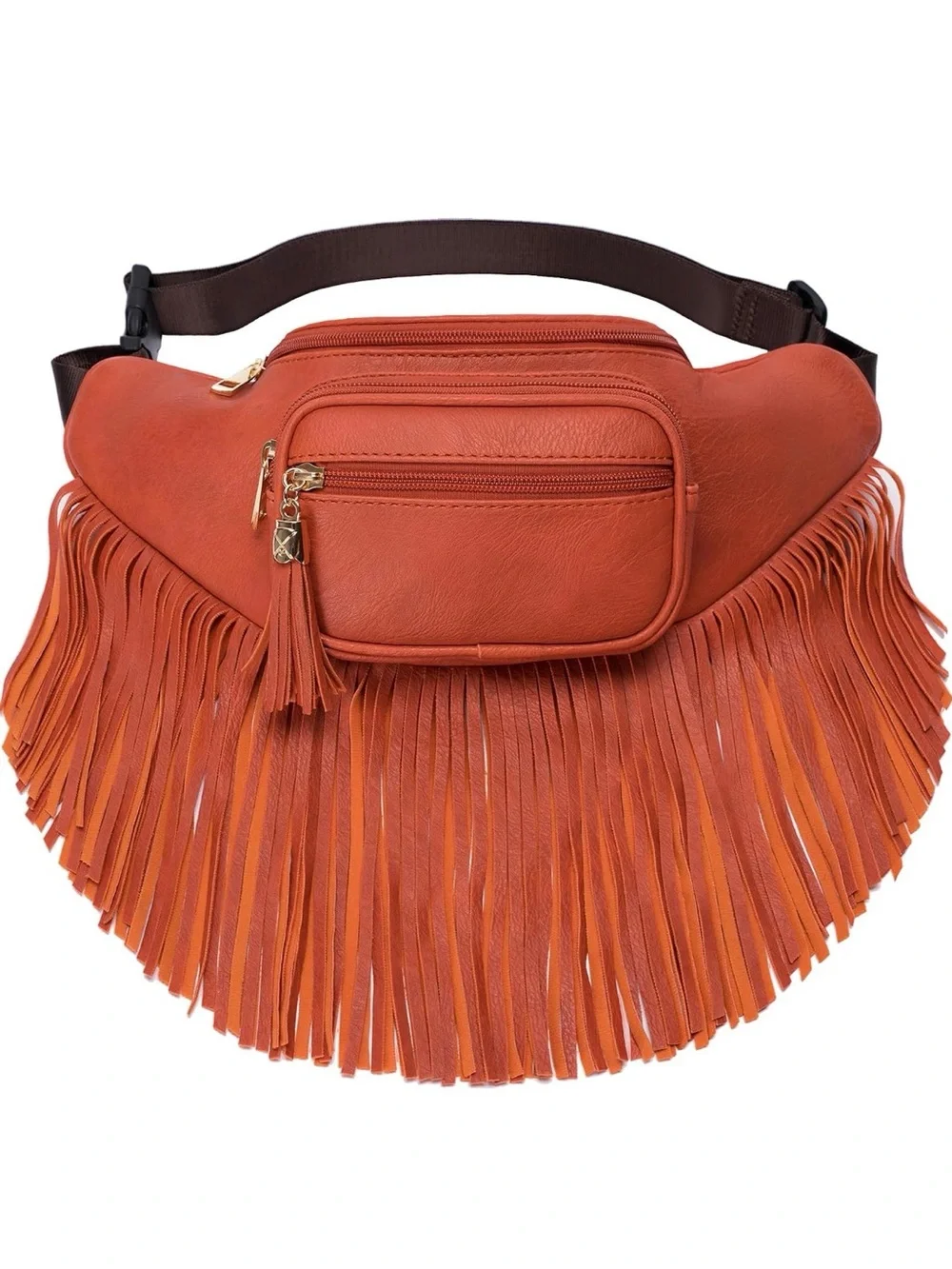 Fringe Leather Crossbody Belt Bag in Orange NEW